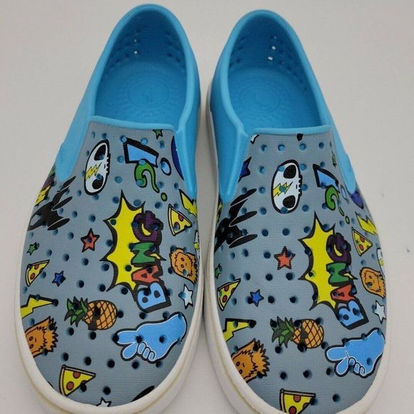 Native Kids Slippers Slip On Loafer Waterproof Blue Graphic Print Round Toe J3 - Picture 2 of 8